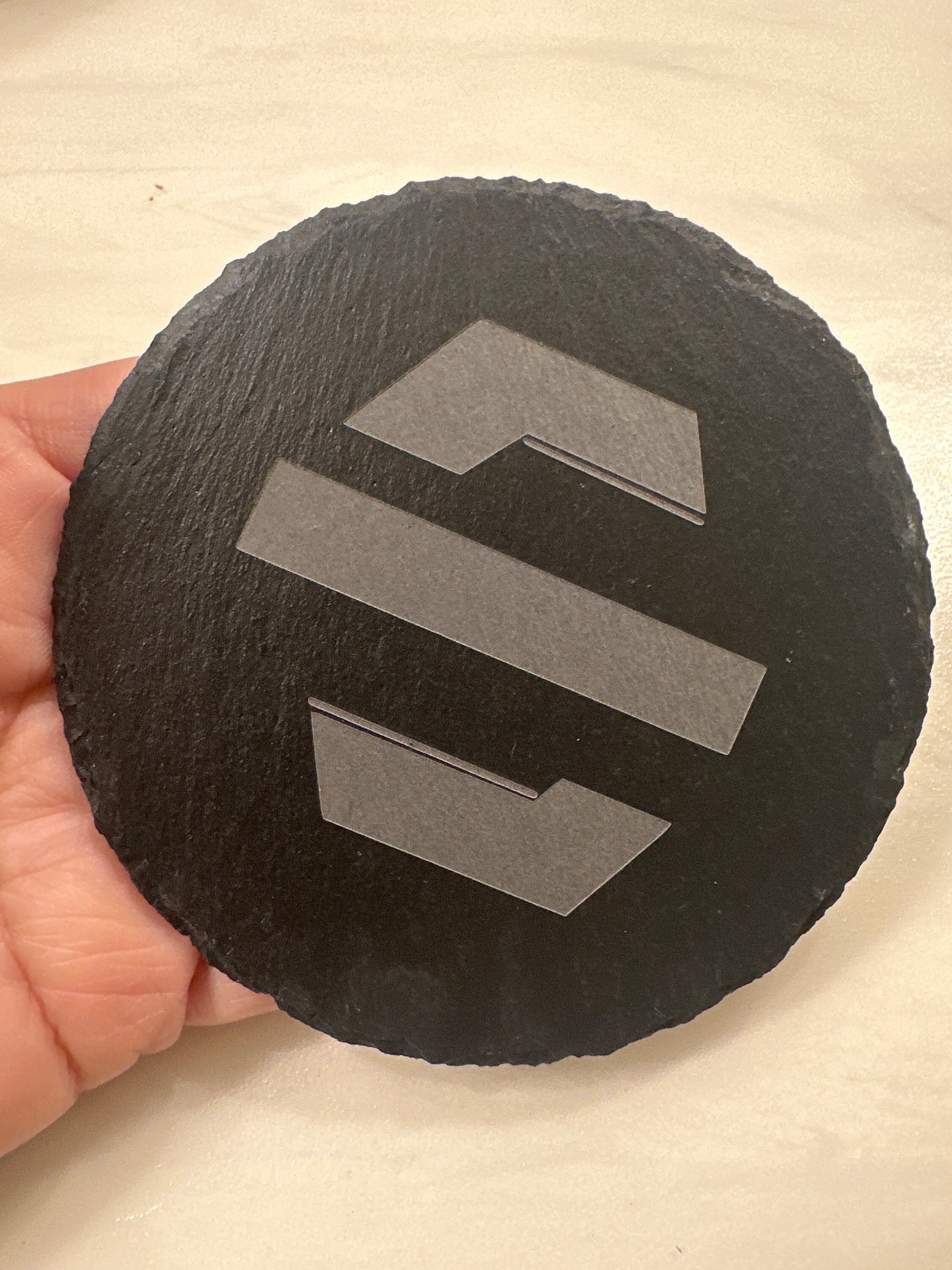 Customer photo of Custom Logo Engraved Slate Coaster from Brandi