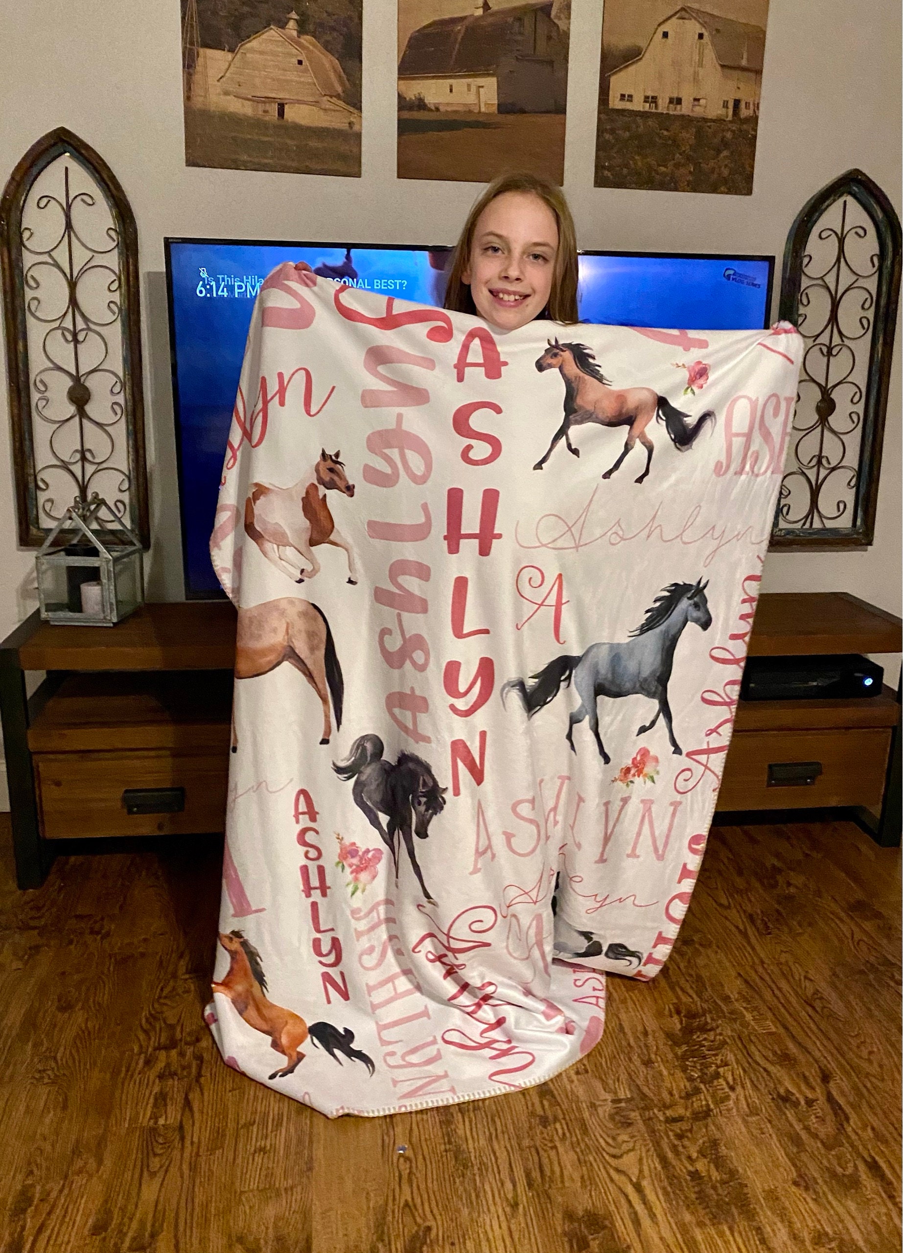 Personalized Horse Baby Blanket - Horse Sherpa Throw Blanket -  Personalized Baby Girl Blanket - Floral Horse Personalized Baby Blanket