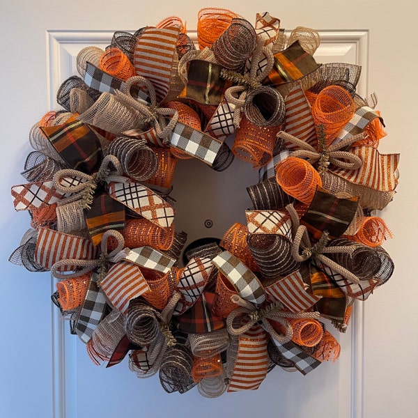 Fall Thanksgiving Mesh Front Door Wreath - Orange Brown Burlap Wreath ...