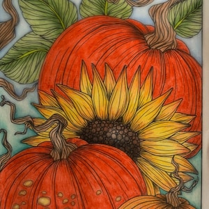 Pumpkins and Sunflower Digital Coloring Page Fall, Adult Coloring, Digi ...