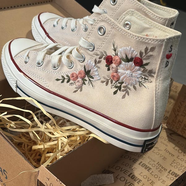 Embroidered Converse Wedding Flowers, Custom Converse High Tops ...
