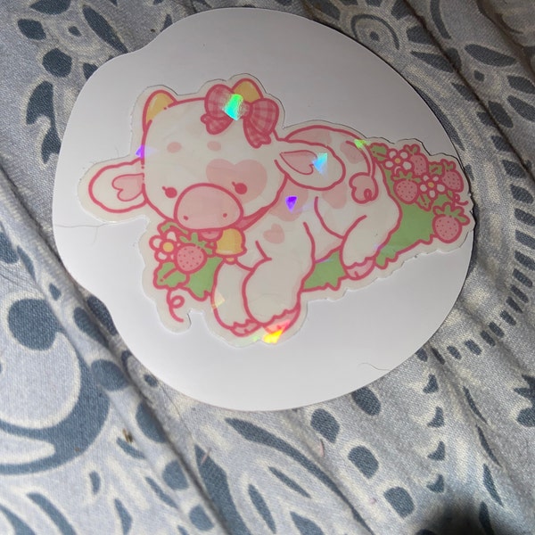 Strawberry Cow - Holographic Vinyl Sticker - Etsy