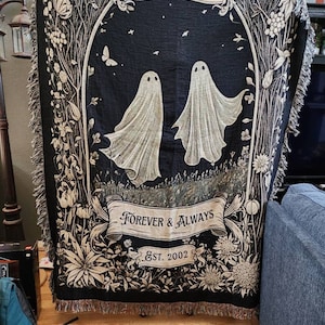 Folk Art Ghost Woven Blanket - Maximalist Throw for Couch - Whimsigoth Boho Floral Wall Tapestry