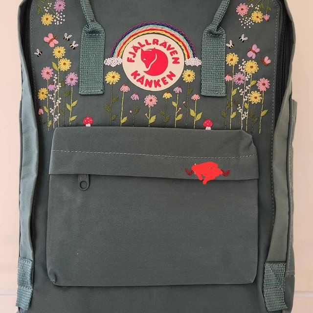 Hand Embroidered Fjallraven Kanken Backpack: Floral Rainbow