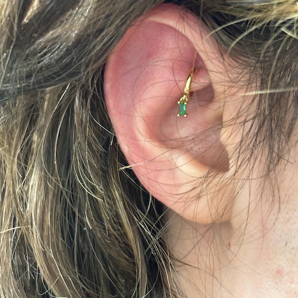 18G Tiny Emerald Baguette Rook Hoop Earring • Tiny Gold Cartilage Hoop ...
