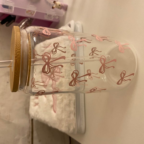 Pink Bows Glass Iced Coffee Cup: Bamboo Lid & Glass Straw - Etsy