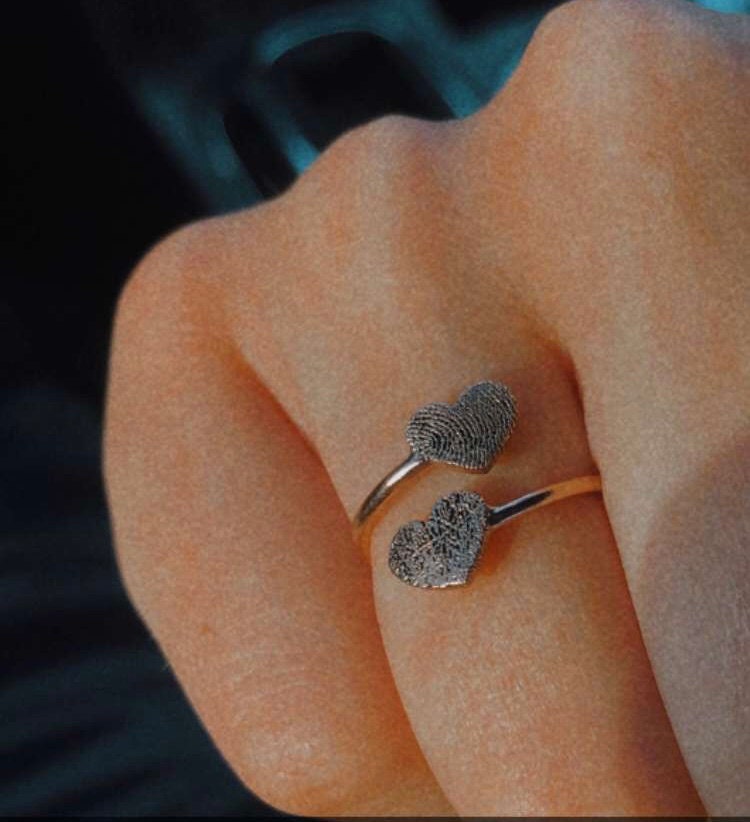 Double Heart Fingerprint Ring, Custom Fingerprint Ring, Personalized Fingerprint Jewelry, Wrap Coil Ring, Loss Memorial Gift
