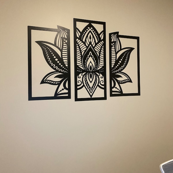 Lotus Mandala Wall Art - Set of 3 Panels Spiritual Zen Wooden Flower ...