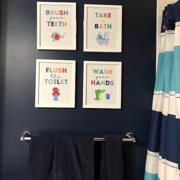 Kids Bathroom Art Set, Bathroom Wall Prints, Set of 4, Wash Your Hands ...