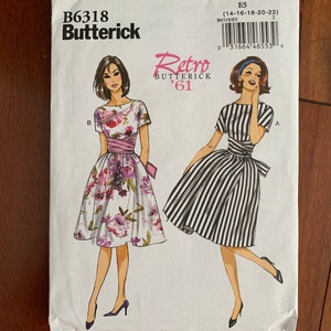 Butterick Easy Sewing Pattern B6318 Dress, Short Sleeve, Fashion Retro,  Full Gathered Skirt, Sizes 14 16 18 20 22, 1960's MCM Frock, UNCUT 