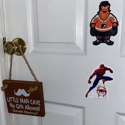 Wood Plaque Sign - "Little Man Cave No Girls Allowed" Rustic Wall Decor, 7x11 Inches, Antique White