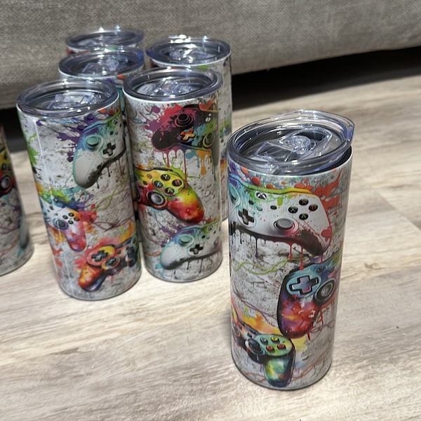 Gamer 20oz Skinny Tumbler Sublimation Design Neon Video Game Controller ...