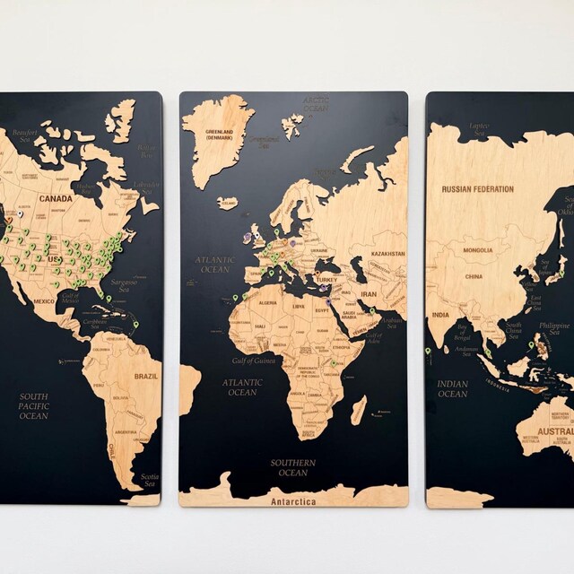 世界地図プッシュピンウォールアート（無料ピン付き）、コルク世界地図