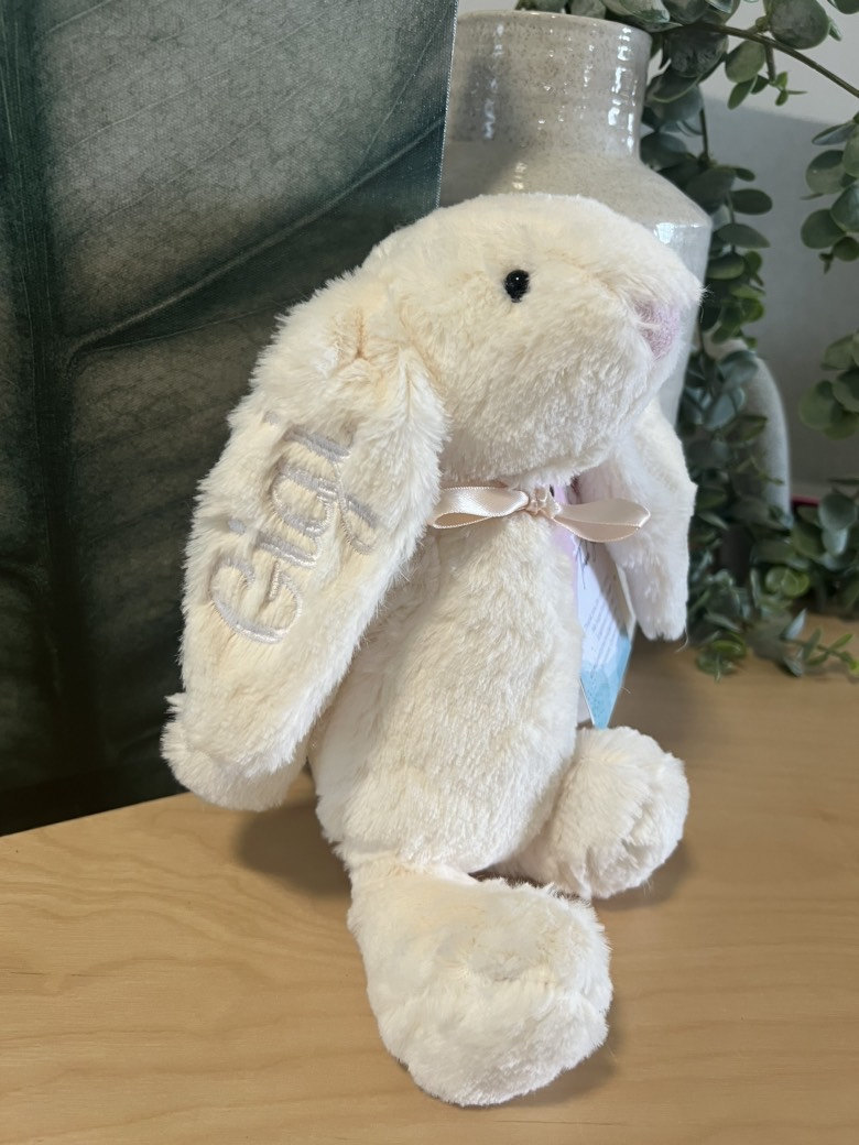 Personalised Plush Bunny Rabbits for children and babies. Floppy ear Rabbit for Easter or Birth. Customise text and colours. Embroidered ear