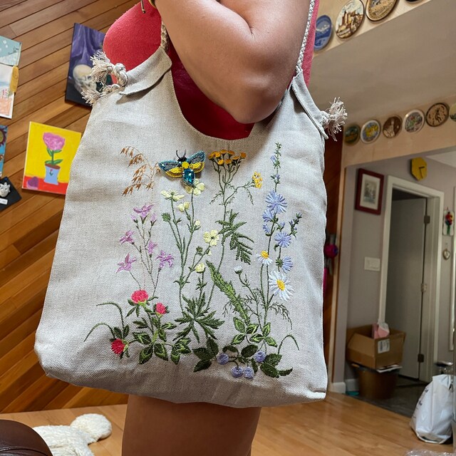 Boho Hippie Bag, Canvas Linen Bag With Zipper, Floral