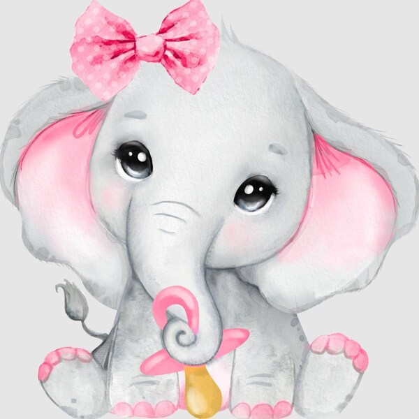 Pink Girl Elephant With Dummy, Pacifier Watercolor Baby Elephant Clip ...