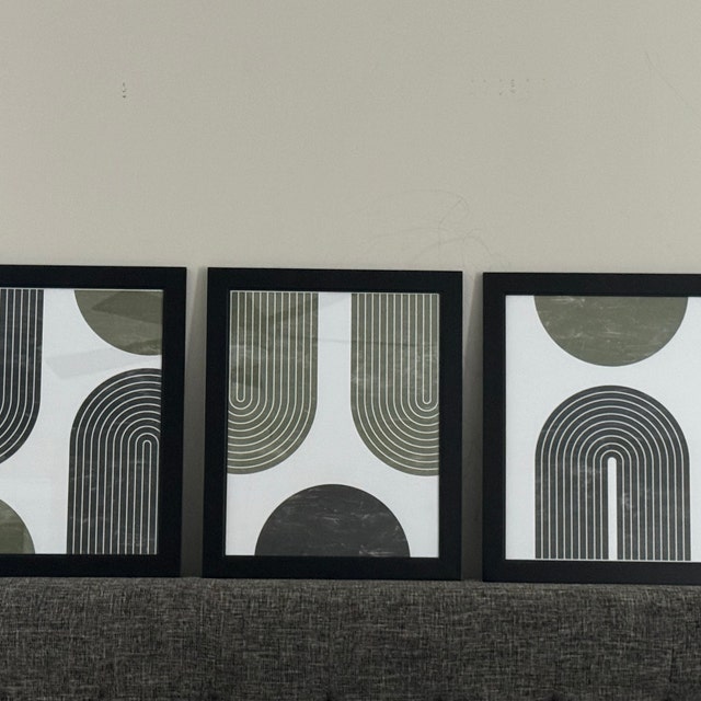 Green and Black Geometric Art Set of 3, Mid Century Modern Art Set