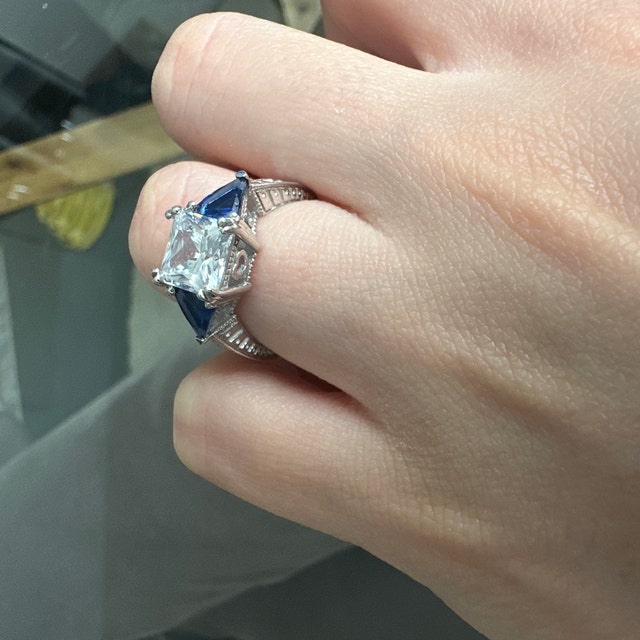 Princess Cut Diamond With Sapphire Side Stones Art Deco Center