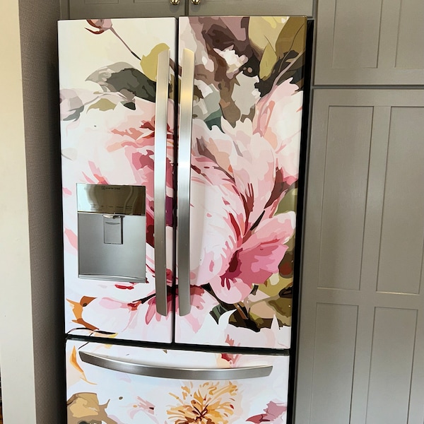 Peony Fridge Wrap Vintage Floral Boho Refrigerator Wrap Vinyl Side by ...
