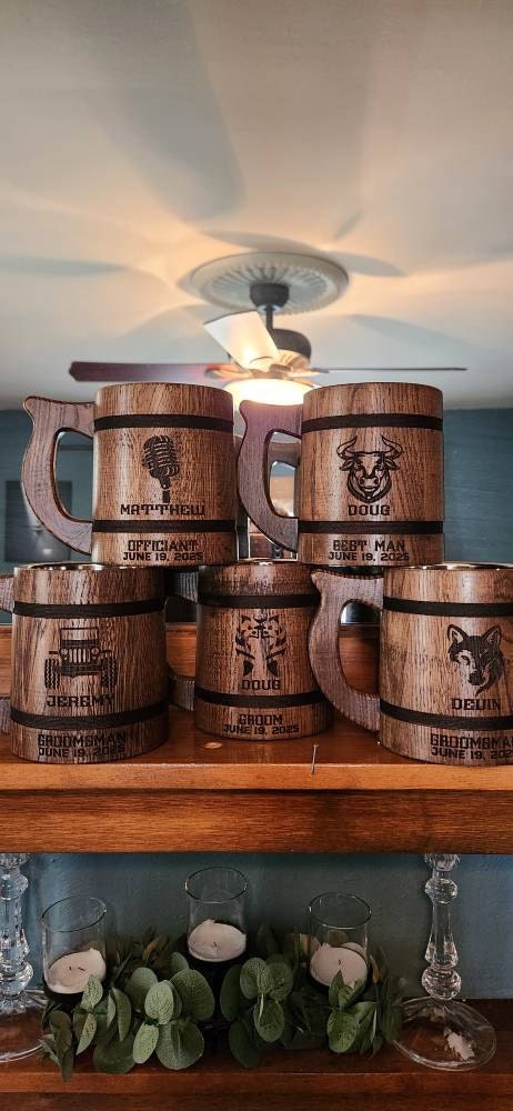 Personalized Groomsmen Beer Mug Custom Wooden Stein, Customizable Best Man Gift from Groom Engraved Wood Tankard, Wedding Gift for Father
