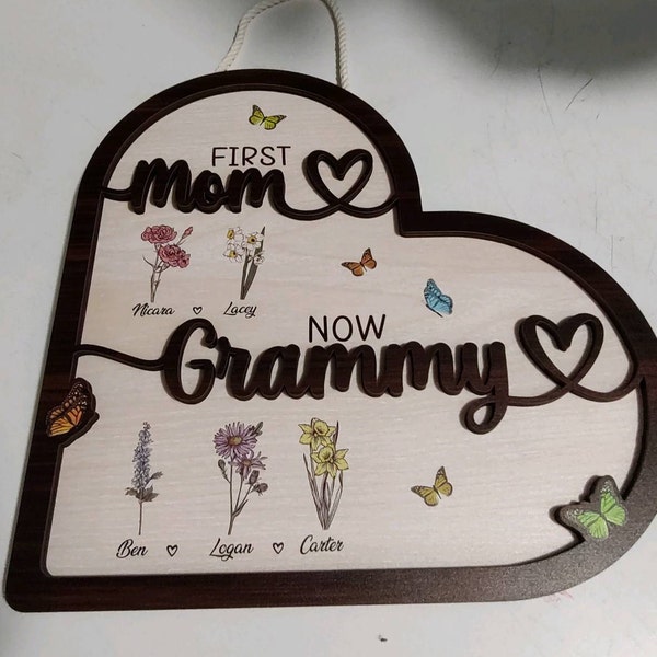 First Mom Now Grandma Wooden Sign, Custom Birth Month Flower Wooden ...