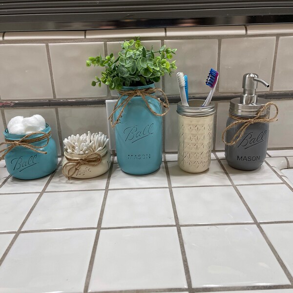 Mason Jar Bathroom Set, Farmhouse Bathroom Set, Custom Bathroom Decor ...