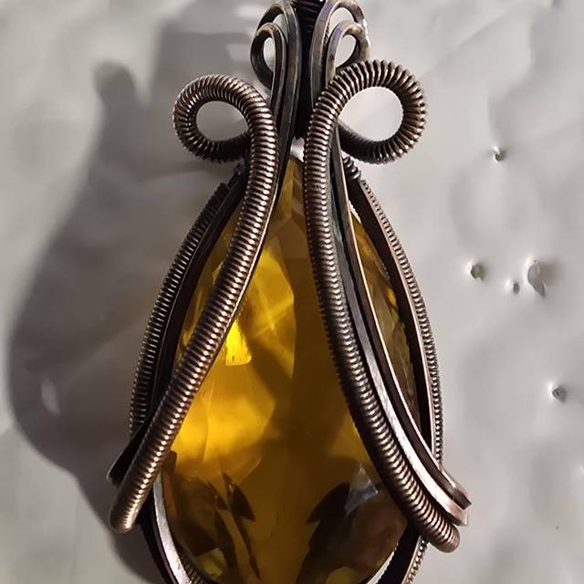 シトリンペンダント、純銅線で巻かれたペンダント、シトリン宝石