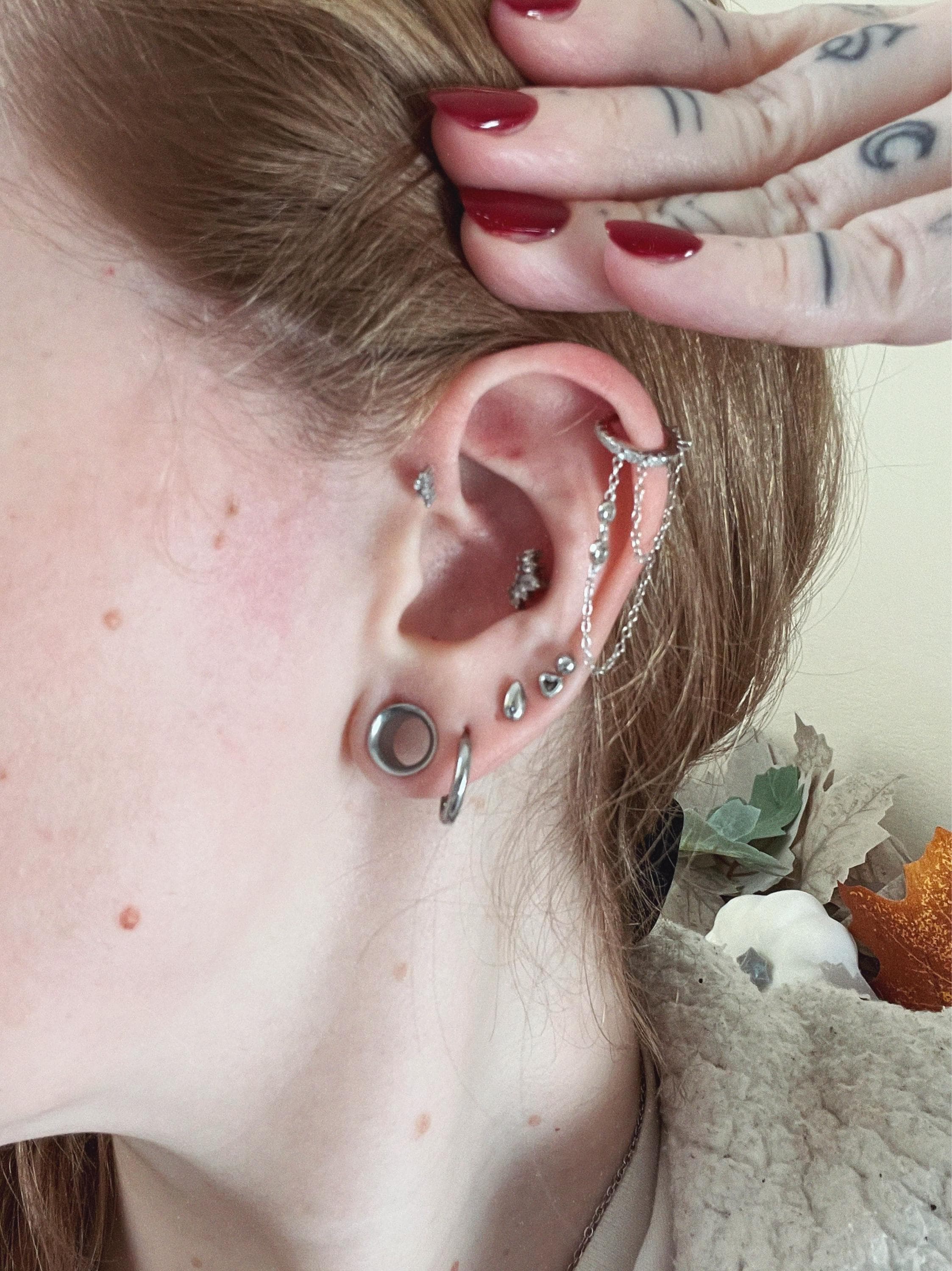 Dainty Pave CZ Helix Huggie Hoop Earrings With 2 Dangling Chains With Bezel CZ