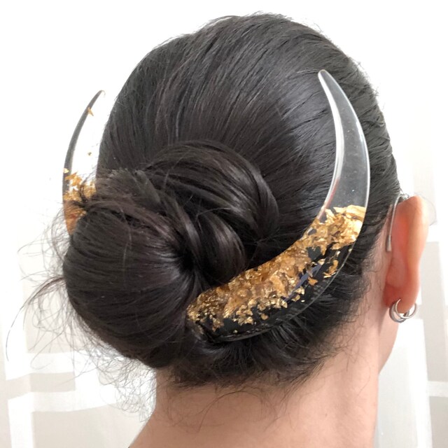 Crescent Hair Stick With Black Oak & Gold Foil – Bun Holder, Boho