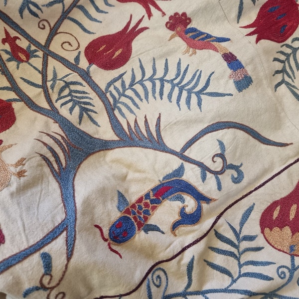 Suzani Ouzbek Ancien Fait Main - Tenture Murale/coussin - Coton Et Soie - Vintage