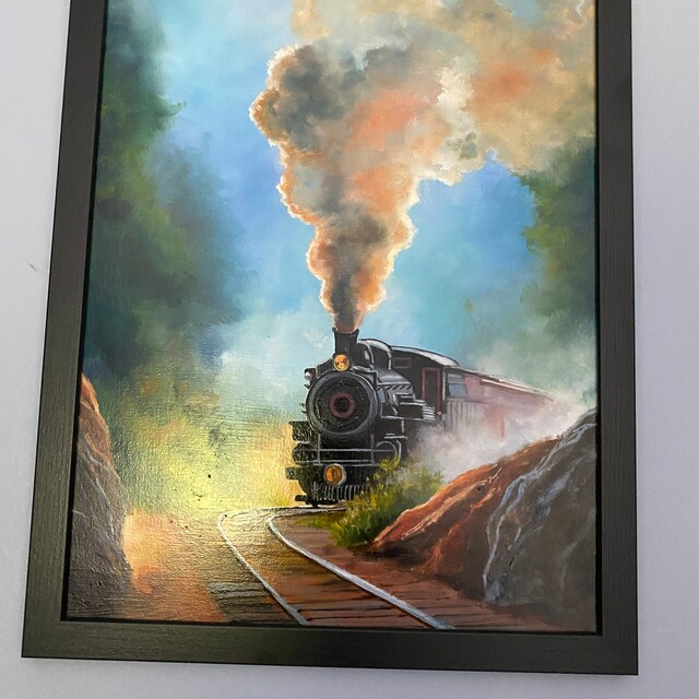 蒸気機関車の風景画、ヴィンテージ蒸気機関車のアートワーク、鉄道
