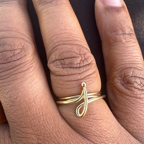 14K Solid Gold Script Initial Ring, Minimalist Wire Handwriting Ring ...