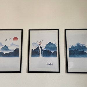Japanese Blue Landscape Set of 3 Framed Panel Wall Art Prints for