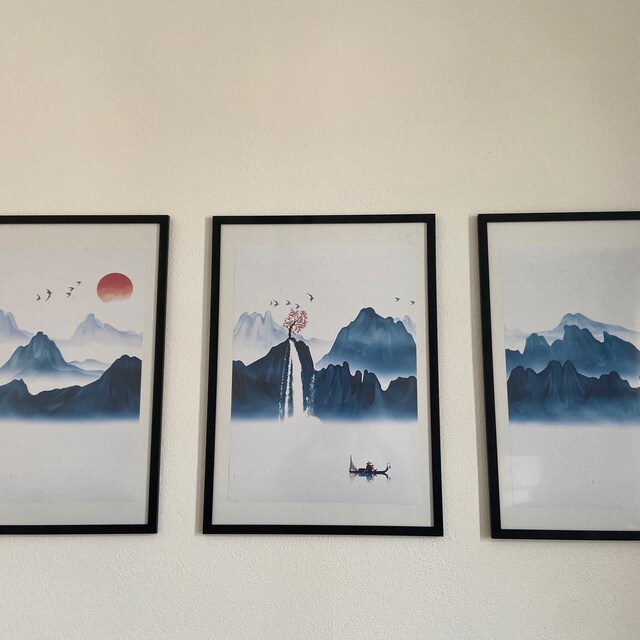 Japanese Blue Landscape Set of 3 Framed Panel Wall Art Prints for
