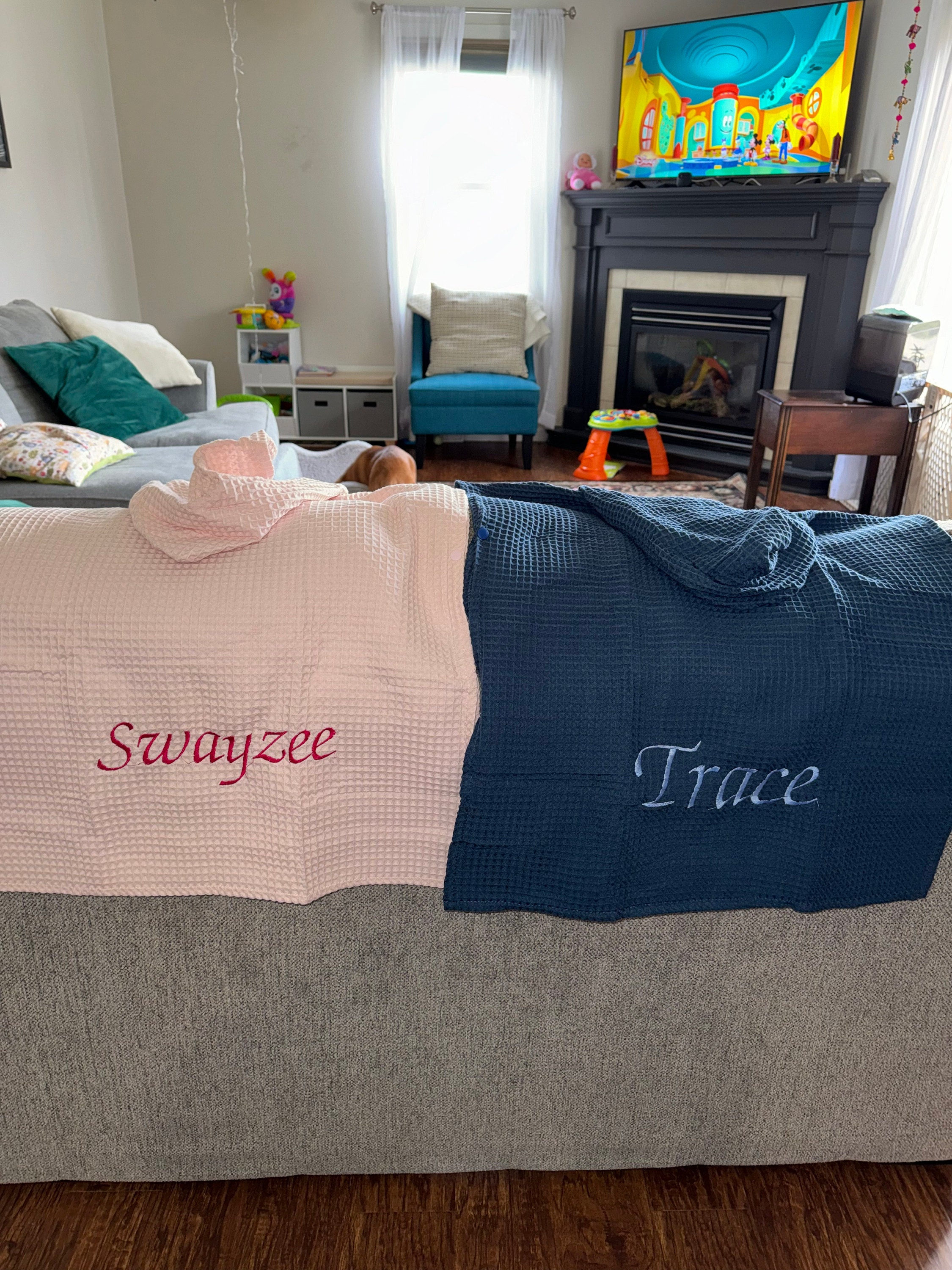 Hooded Towel with Custom Embroidery - Waffle Beach Towel Poncho - Hooded Coverup - kids swimsuit coverup - 100% organic cotton