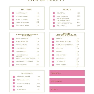 Itemized Nail Services Receipt Nail Technician Form Nail Client Form ...