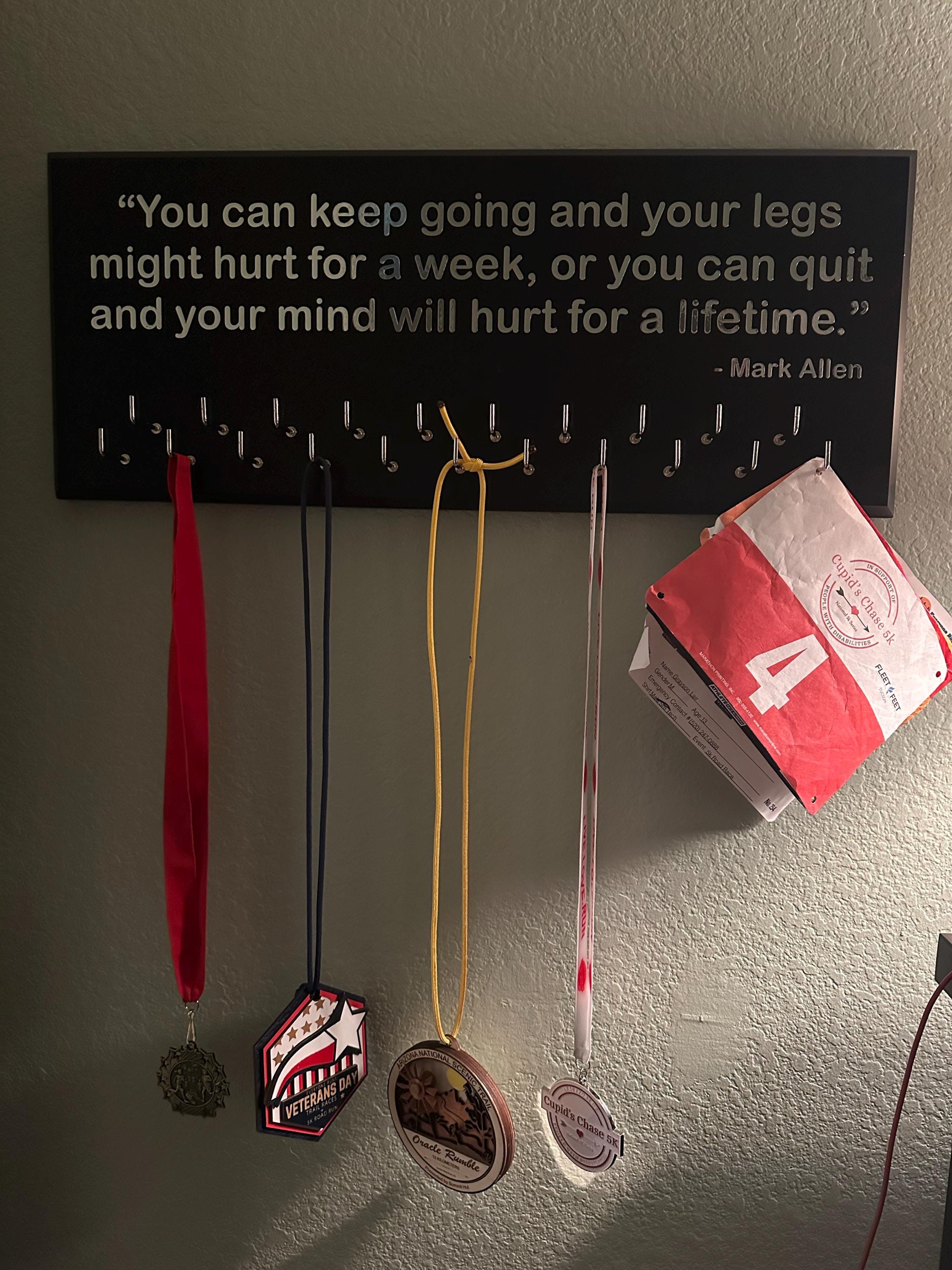 Triathlon / Running Medal Holder, gray or black with chrome Mark Allen quote and 21 hooks