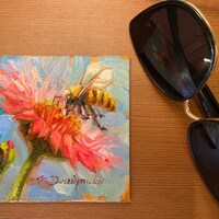 Bee Oil Painting Original Art Pink Flower, Bee Wall Art Picture in ...