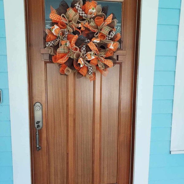 Fall Thanksgiving Mesh Front Door Wreath - Orange Brown Burlap Wreath ...