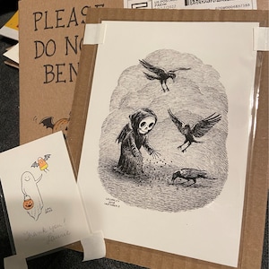 5x7 Spooky Art Print, Pen and Ink Drawing of Cute Grim Reaper Feeding ...