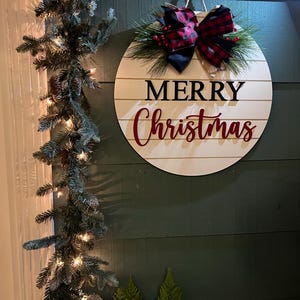 Merry Christmas Wooden Sign - Farmhouse Front Door Hanging Plaque, Holiday Porch Decor