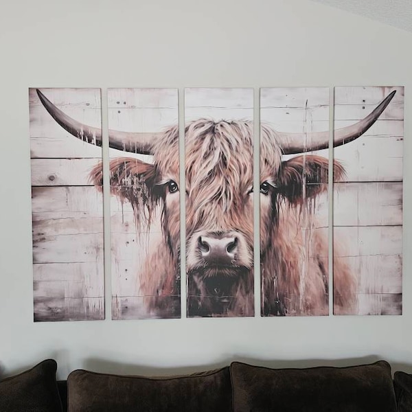 Highland Cow Canvas Wall Art Cow Painting Print Wooden Background highland-cow-canvas-wall-art-cow-painting-print-wooden-background