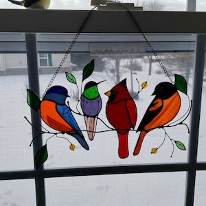 Birds Stained Glass Window Hangings Stained Glass Cardinal Etsy