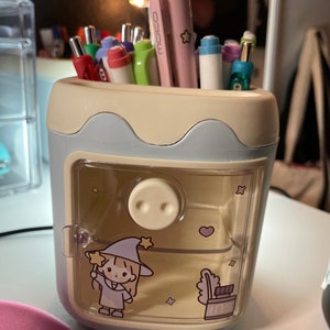 HIQUAY Kawaii Refrigerator Cute Pen Holder Pencil Cup, Multifunctional Container Huge Capability Stationery with A Drawer Organizer Home School