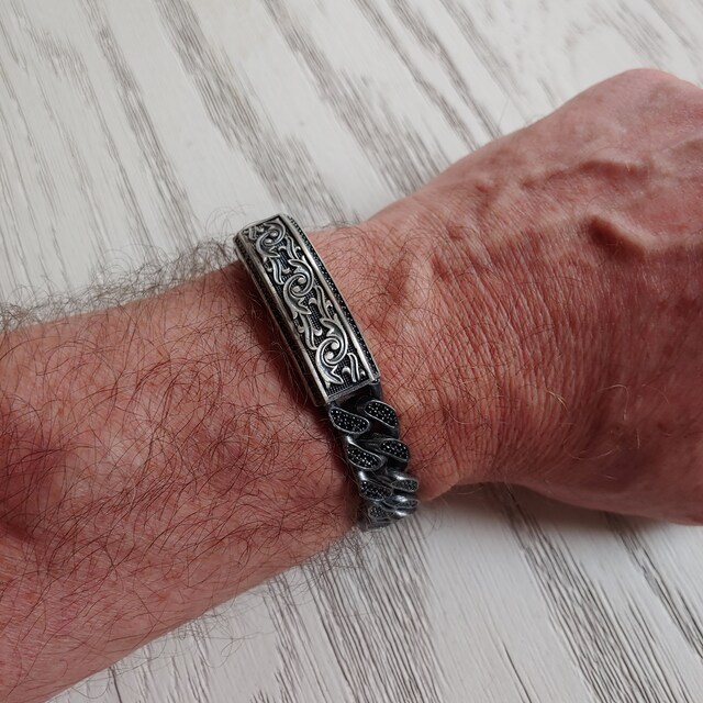 Silver Hand Engraved Bracelet, Silver Stylish Bracelet, Men