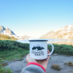 Mountain Camping Mug Enamel Mug Adventure Awaits Hiking | Etsy
