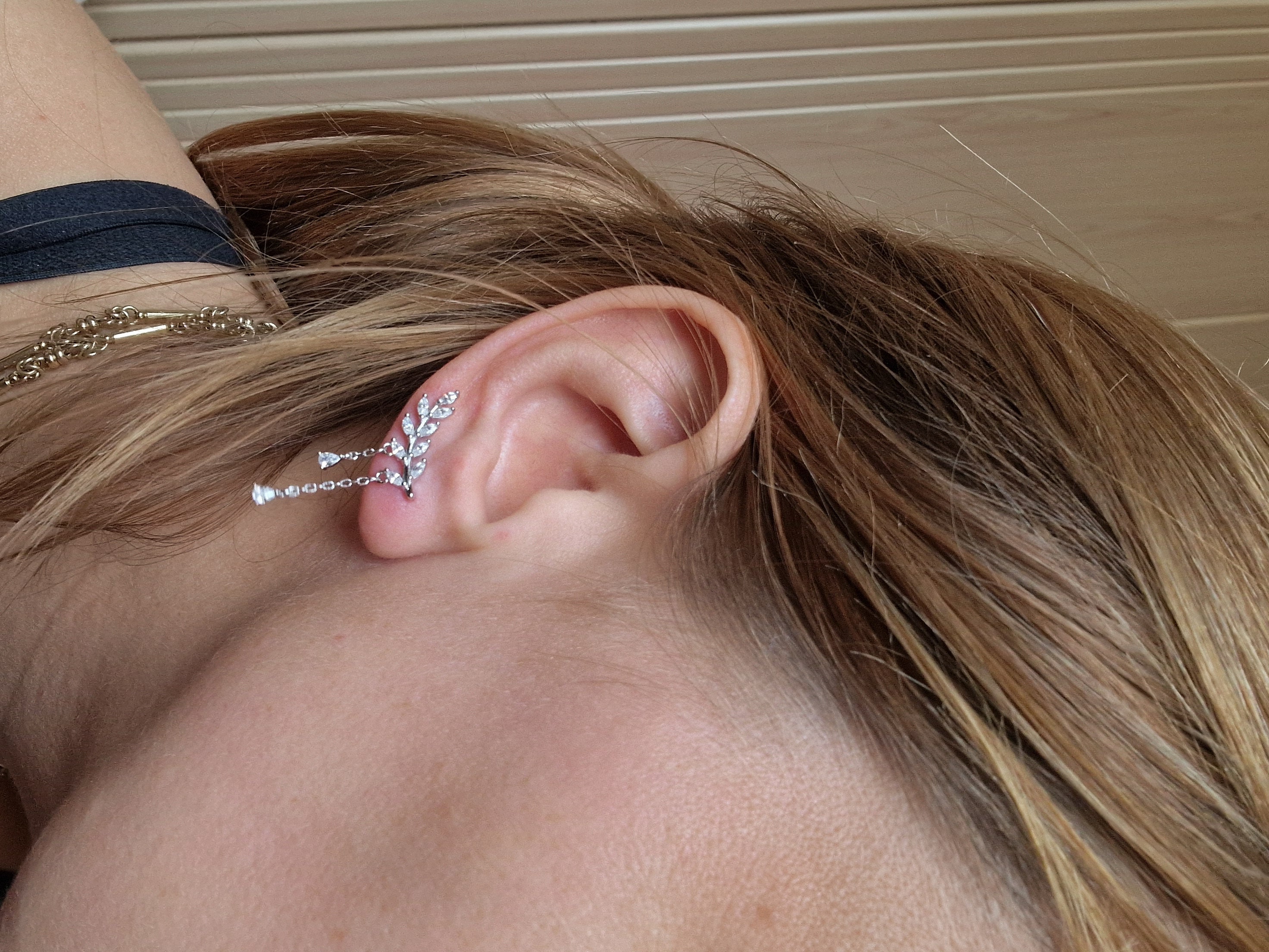 CZ Leaf crawler Earrings with Dangle Chains in Sterling Silver, Silver, Gold or Rose Gold, Olive Branch Climber Earrings, Nature Inspired