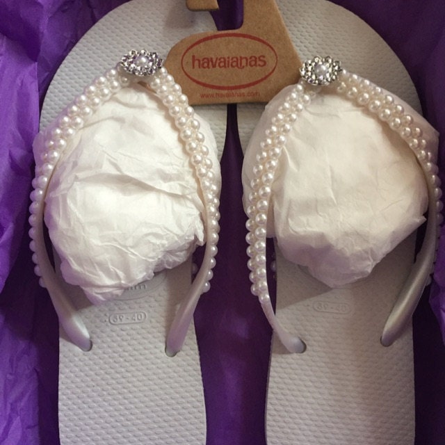 White Pearl Havaianas Slim Flip Flops Bridal Crystal Rose w/Swarovski Rhinestone Bling Bride