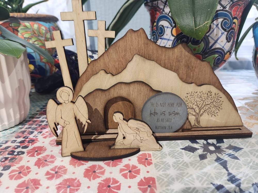 Empty Tomb &quot;He is Risen&quot; Decoration with Cross and Olive Tree, Religious, Christian, Easter Display, Easter Tomb, Laser Cut