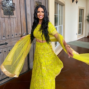 Alia Bhatt Silk A Line Lehenga Choli in Lemon Lime Green Colour